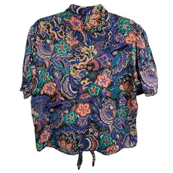 Vintage Paisley Tie Front Shirt Size Medium Cotton Boho Short Sleeve Top - Picture 2 of 6